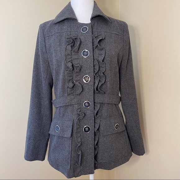 Luii Ruffle Front Gray Pea Coat Jacket - Small - Picture 1 of 11